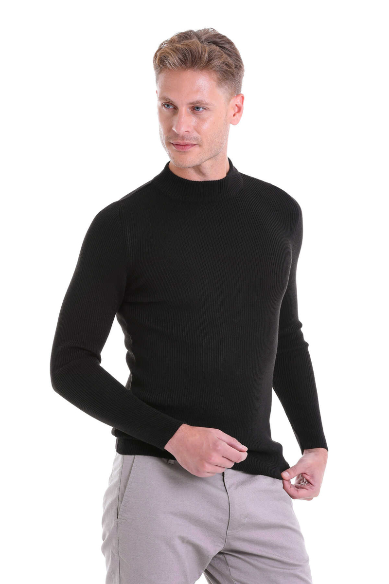 Siyah Slim Fit Fitilli Yarım Balıkçı Yaka Yünlü Kazak - Hatemoğlu (1)