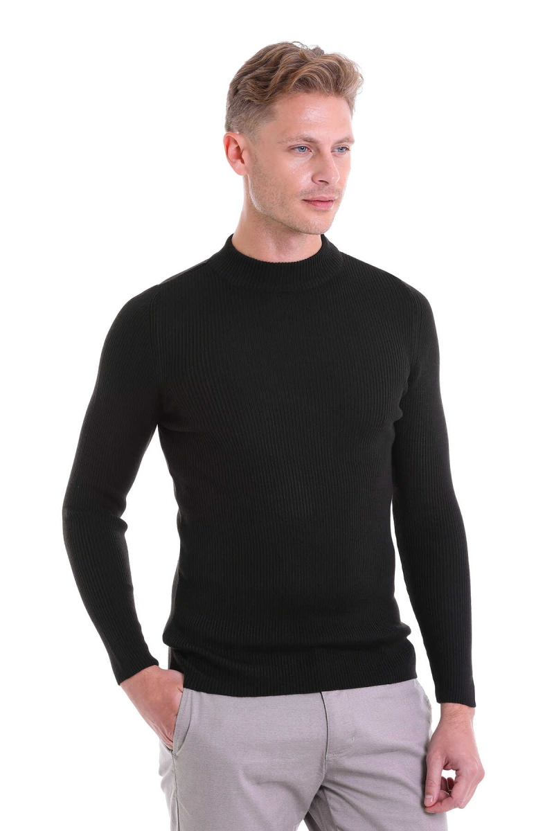Siyah Slim Fit Fitilli Yarım Balıkçı Yaka Yünlü Kazak - Hatemoğlu (1)