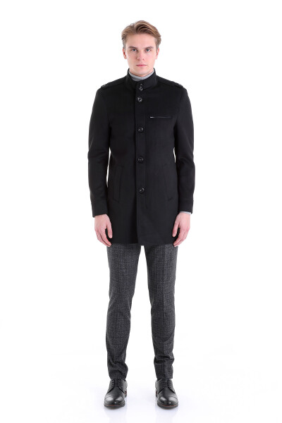 Siyah Slim Fit Hakim Yaka Palto - 4