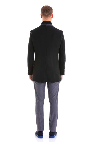Siyah Slim Fit Hakim Yaka İçlikli Yün Palto - 16