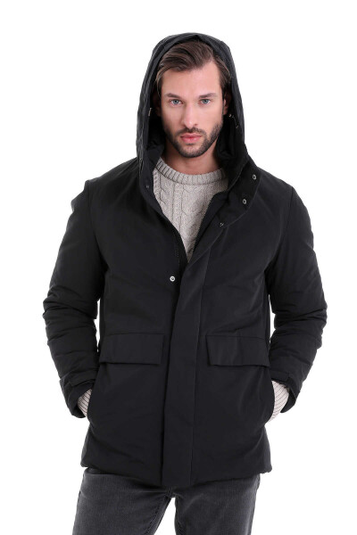 Siyah Hakim Yaka Kapüşonlu Kaban - 3