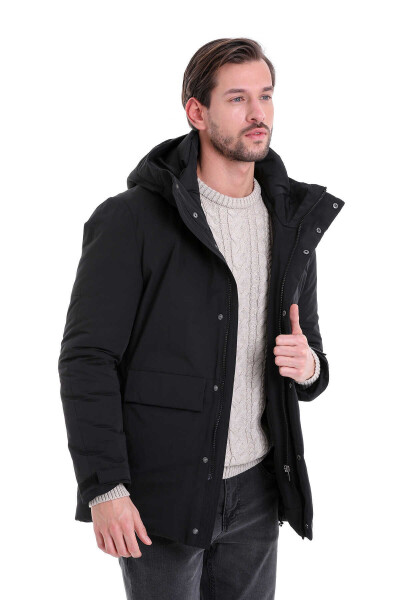 Siyah Hakim Yaka Kapüşonlu Kaban - 4