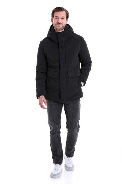 Siyah Hakim Yaka Kapüşonlu Kaban - 5