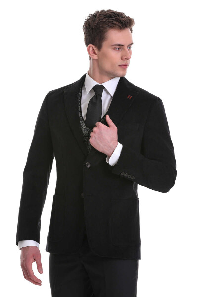 Siyah Slim Fit Düz Mono Yaka Pamuklu Kadife Ceket - 3