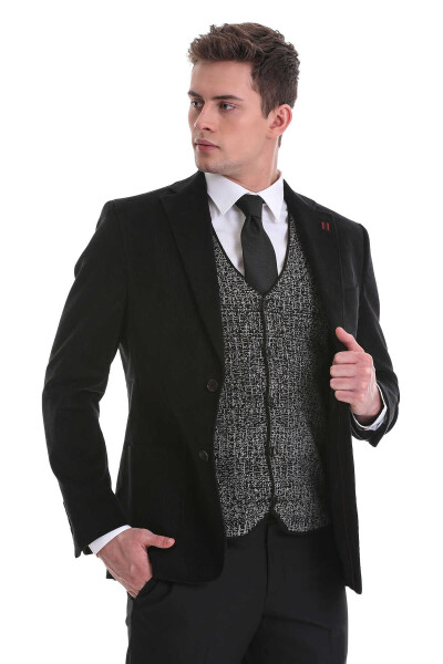 Siyah Slim Fit Düz Mono Yaka Pamuklu Kadife Ceket - 4