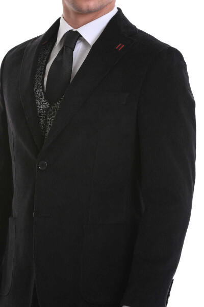 Siyah Slim Fit Düz Mono Yaka Pamuklu Kadife Ceket - 5