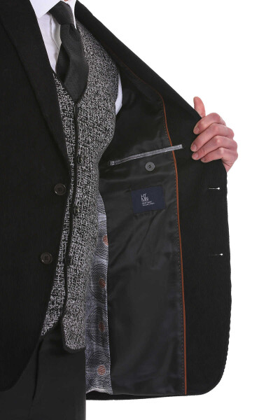 Siyah Slim Fit Düz Mono Yaka Pamuklu Kadife Ceket - 6