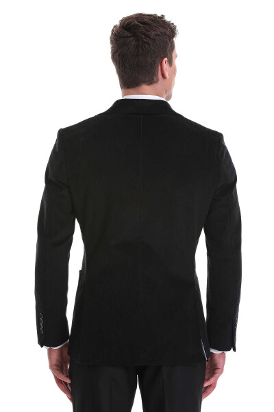 Siyah Slim Fit Düz Mono Yaka Pamuklu Kadife Ceket - 7