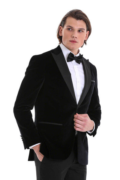 Siyah Slim Fit Sivri Yaka Kadife Klasik Damatlık - 3
