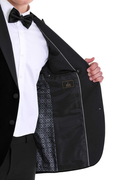 Siyah Slim Fit Sivri Yaka Kadife Klasik Damatlık - 6