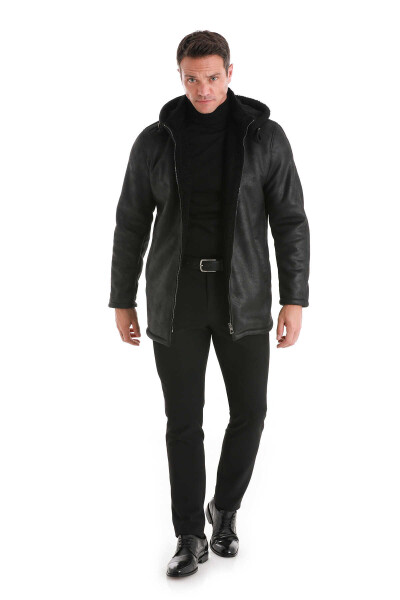 Siyah Slim Fit Hakim Yaka Kapüşonlu Basic Deri Kaban - 2