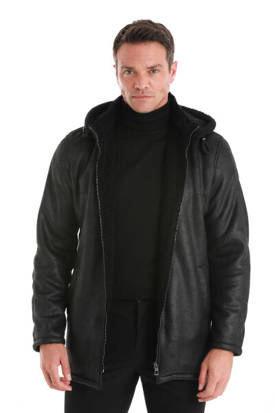 Siyah Slim Fit Hakim Yaka Kapüşonlu Basic Deri Kaban - 3