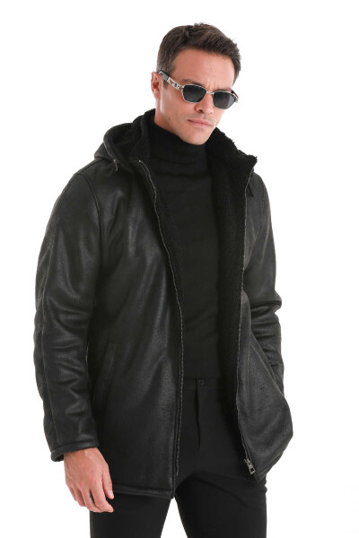 Siyah Slim Fit Hakim Yaka Kapüşonlu Basic Deri Kaban - 4