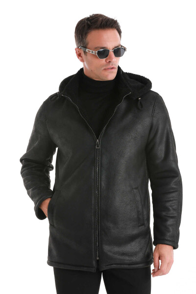 Siyah Slim Fit Hakim Yaka Kapüşonlu Basic Deri Kaban - 5