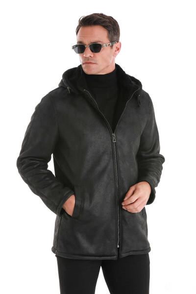 Siyah Slim Fit Hakim Yaka Kapüşonlu Basic Deri Kaban - 6