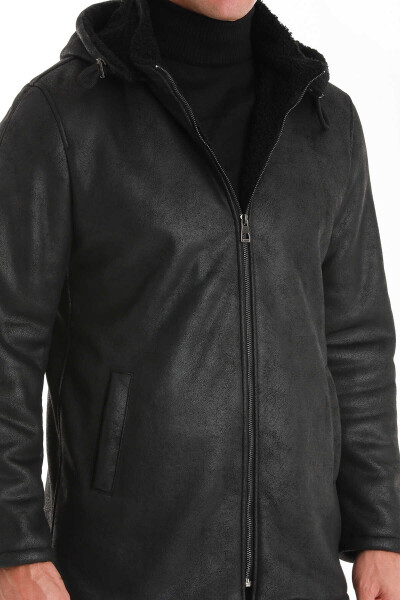 Siyah Slim Fit Hakim Yaka Kapüşonlu Basic Deri Kaban - 7