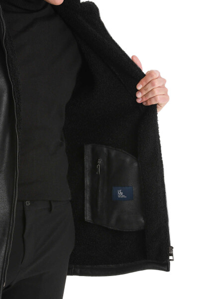 Siyah Slim Fit Hakim Yaka Kapüşonlu Basic Deri Kaban - 8