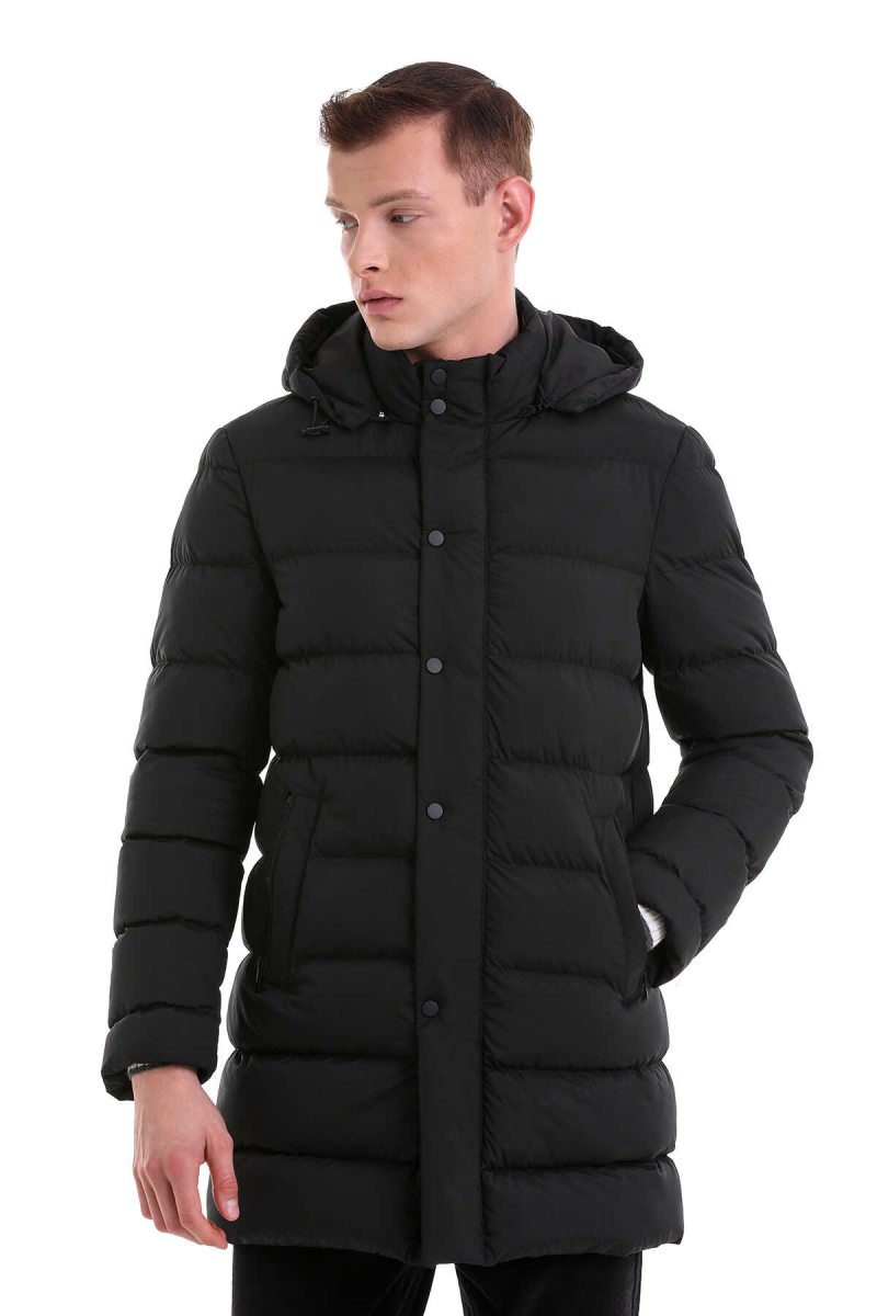 Siyah Slim Fit Hakim Yaka Kapüşonlu Basic Kaban - Hatem Saykı