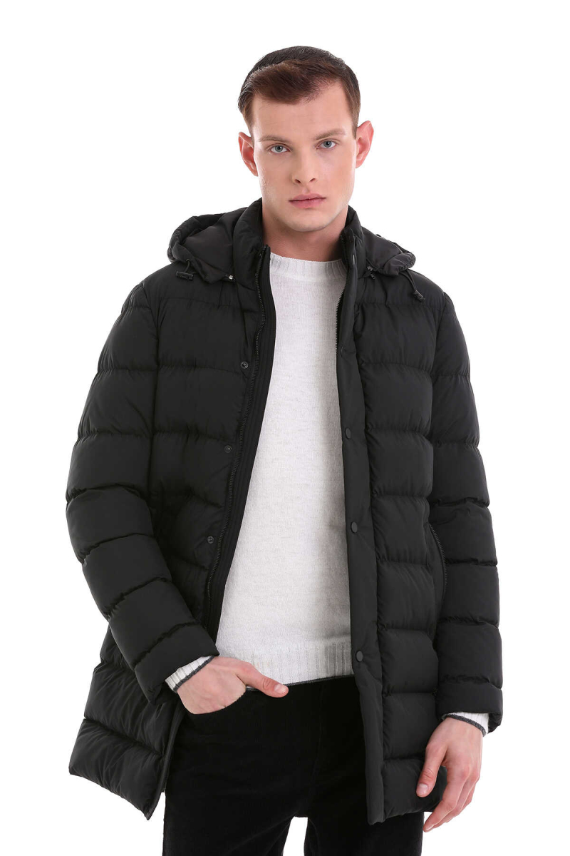 Siyah Slim Fit Hakim Yaka Kapüşonlu Basic Kaban - Hatem Saykı (1)