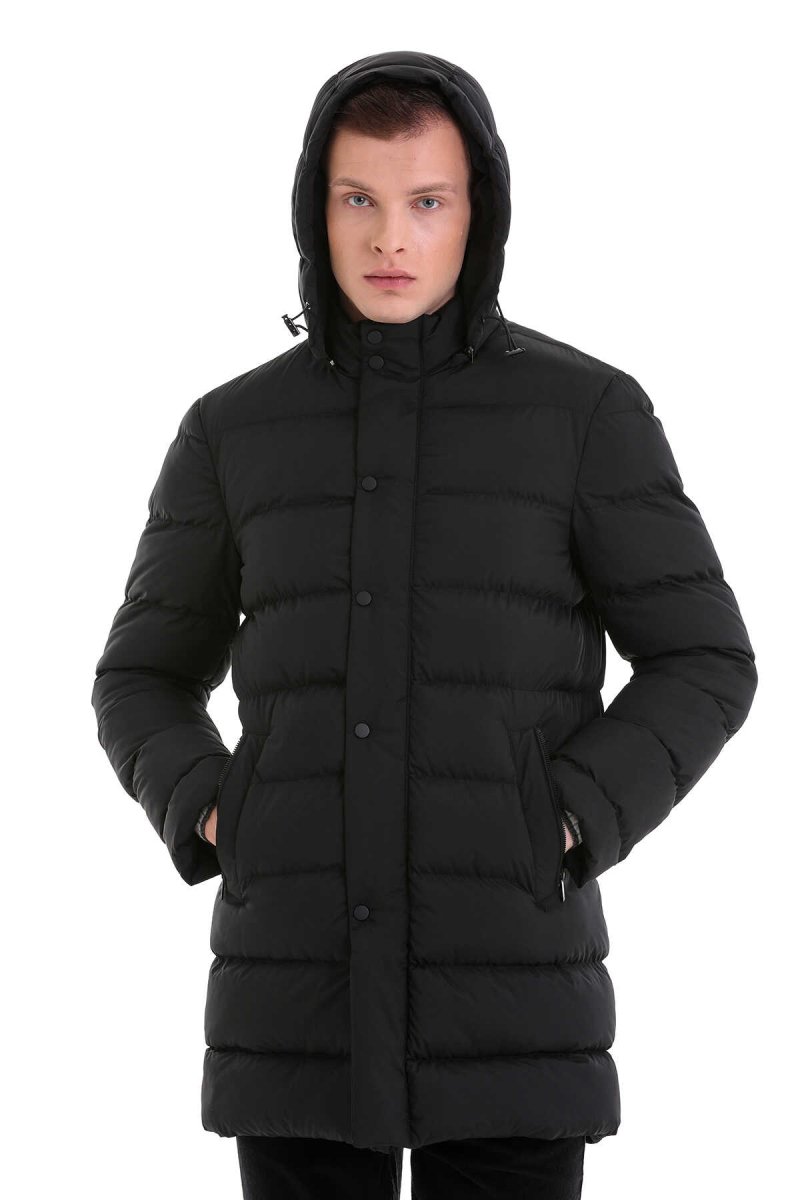 Siyah Slim Fit Hakim Yaka Kapüşonlu Basic Kaban - Hatem Saykı (1)