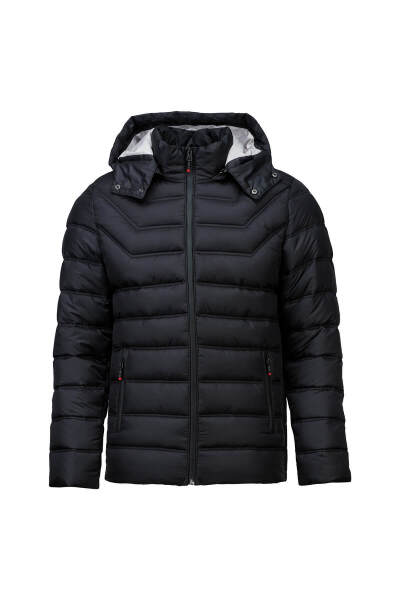 Siyah Slim Fit Hakim Yaka Kapüşonlu Şişme Mont 