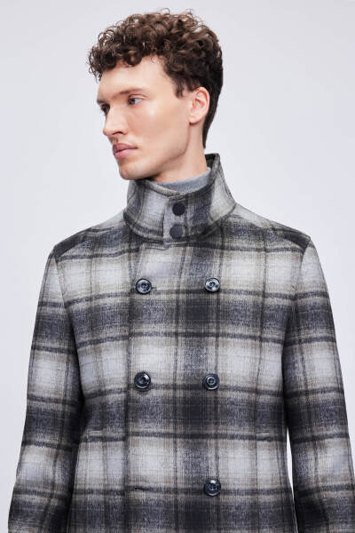 Siyah Slim Fit Hakim Yaka Kruvaze Yünlü Kaşe Kaban - 5