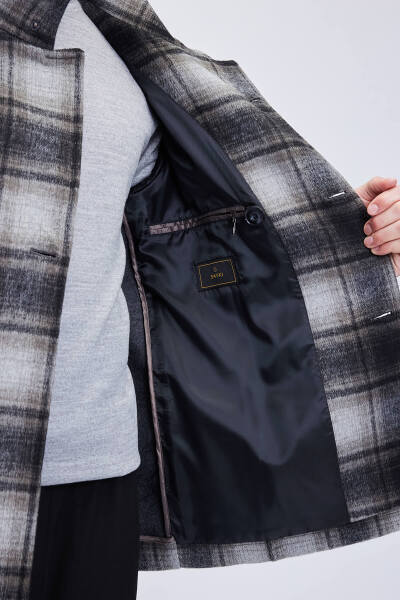 Siyah Slim Fit Hakim Yaka Kruvaze Yünlü Kaşe Kaban - 7