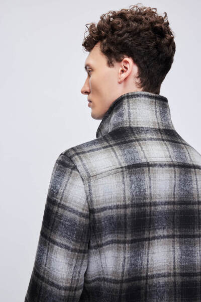 Siyah Slim Fit Hakim Yaka Kruvaze Yünlü Kaşe Kaban - 8