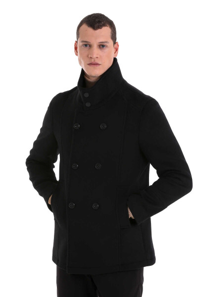 Siyah Slim Fit Hakim Yaka Kruvaze Yünlü Kaşe Kaban - 3
