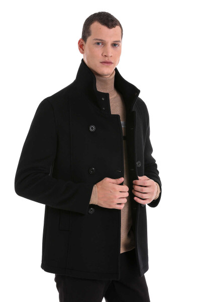 Siyah Slim Fit Hakim Yaka Kruvaze Yünlü Kaşe Kaban - 4