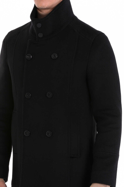 Siyah Slim Fit Hakim Yaka Kruvaze Yünlü Kaşe Kaban - 5