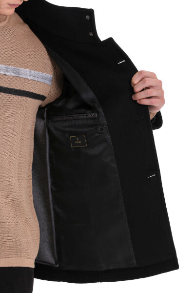 Siyah Slim Fit Hakim Yaka Kruvaze Yünlü Kaşe Kaban - 6
