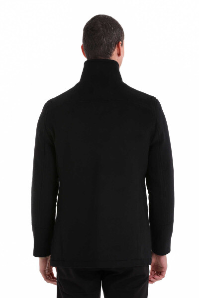 Siyah Slim Fit Hakim Yaka Kruvaze Yünlü Kaşe Kaban - 7