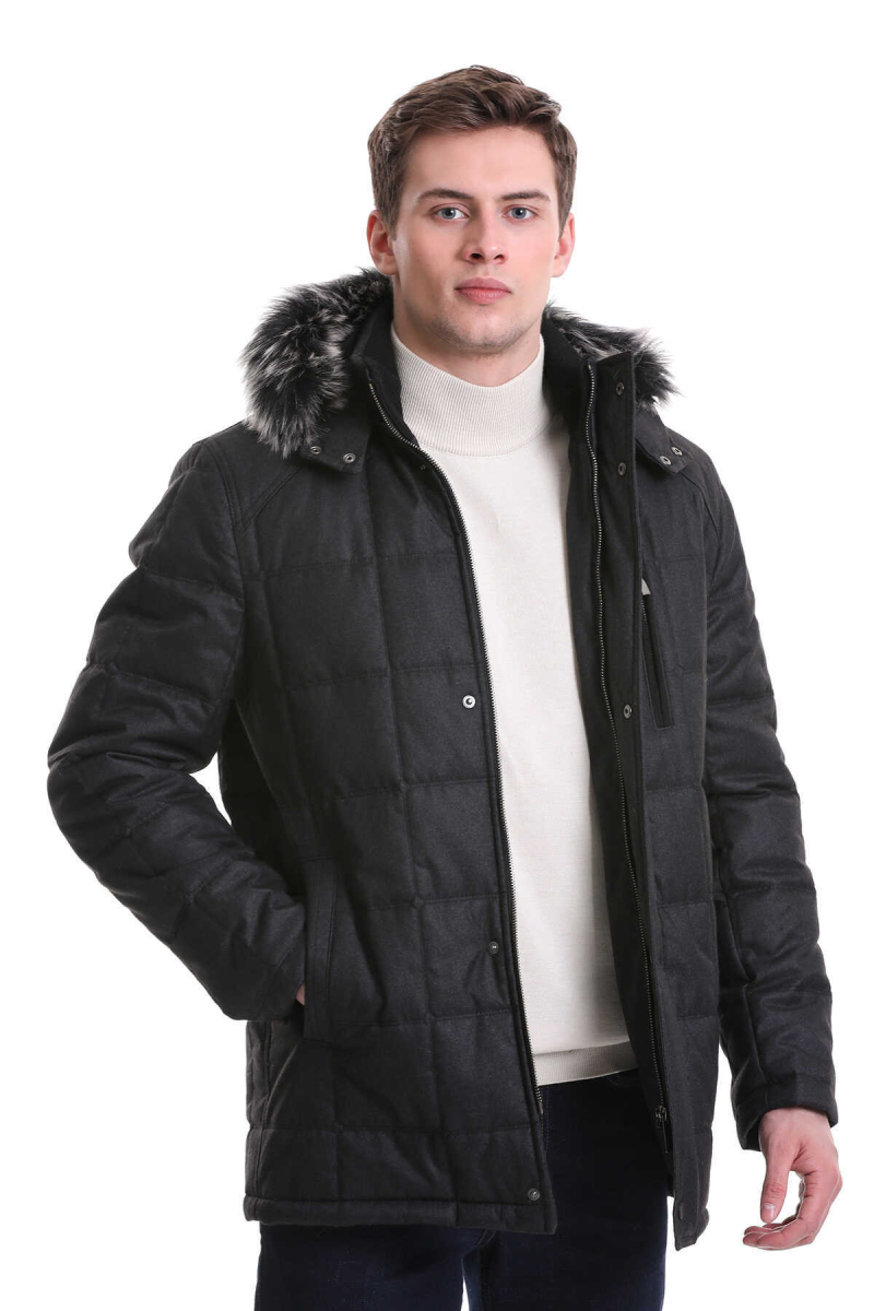 Siyah Slim Fit Hakim Yaka Kürklü Kapüşonlu Kaban - Hatem Saykı (1)