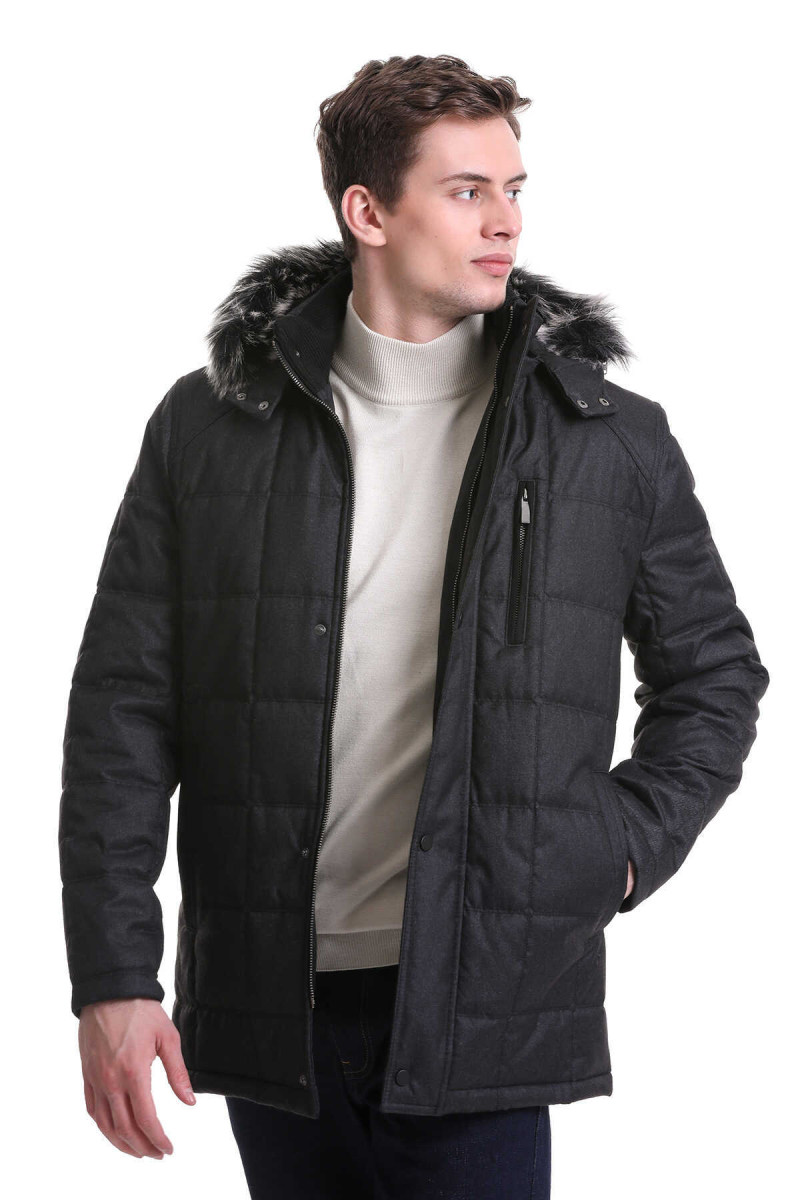 Siyah Slim Fit Hakim Yaka Kürklü Kapüşonlu Kaban - Hatem Saykı (1)