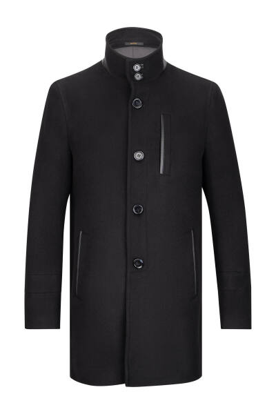 Siyah Slim Fit Hakim Yaka Yünlü Palto - 1