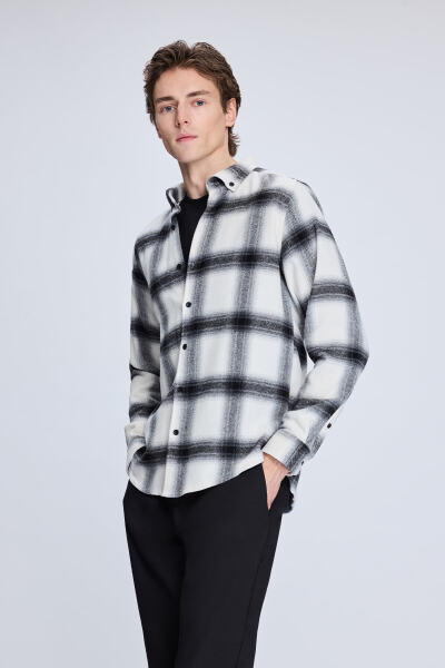 Siyah Slim Fit Kareli Düğmeli Yaka Uzun Kollu Pamuklu Gömlek - 3