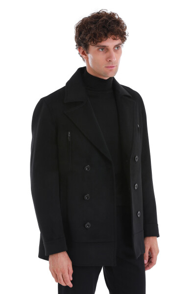 Siyah Slim Fit Kruvaze Yünlü Kaşe Kaban - 3