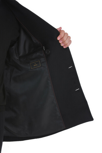 Siyah Slim Fit Kruvaze Yünlü Kaşe Kaban - 5