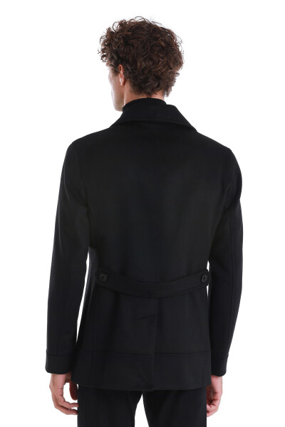 Siyah Slim Fit Kruvaze Yünlü Kaşe Kaban - 6