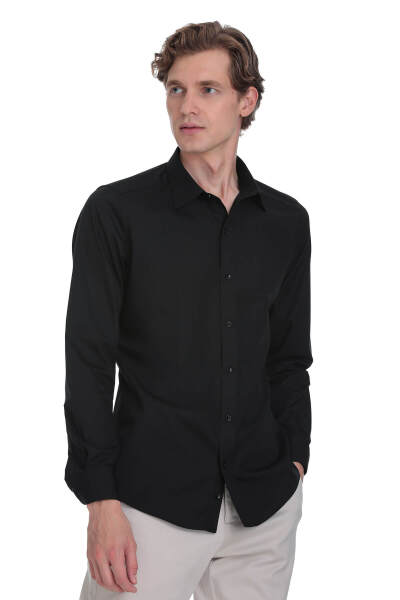 Siyah Slim Fit Slim Yaka Pamuklu Uzun Kollu Gömlek - 1