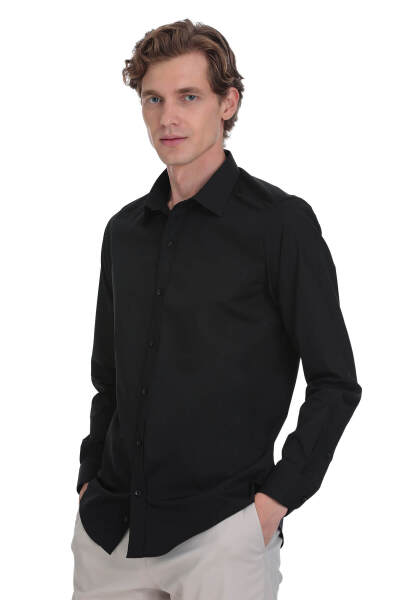 Siyah Slim Fit Slim Yaka Pamuklu Uzun Kollu Gömlek - 3