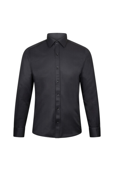 Siyah Slim Fit Slim Yaka Uzun Kollu Pamuklu Gömlek 
