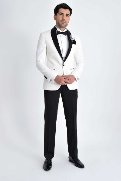 Beyaz Şal Yaka Slim Fit Damatlık - 1