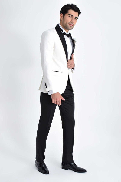 Beyaz Şal Yaka Slim Fit Damatlık - 2