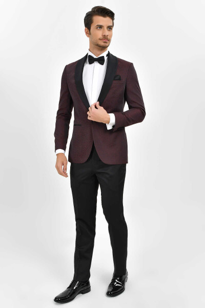 Bordo Slim Fit Şal Yaka Desenli Damatlık - 1
