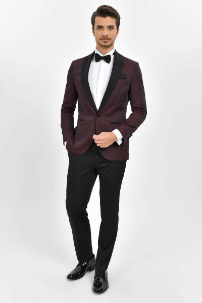 Bordo Slim Fit Şal Yaka Desenli Damatlık - 2