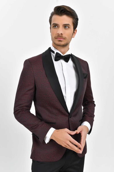 Bordo Slim Fit Şal Yaka Desenli Damatlık - 3