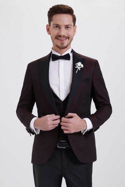Bordo Slim Fit Sivri Yaka Yelekli Damatlık - 3