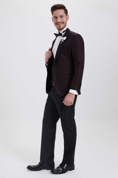 Bordo Slim Fit Sivri Yaka Yelekli Damatlık - 2